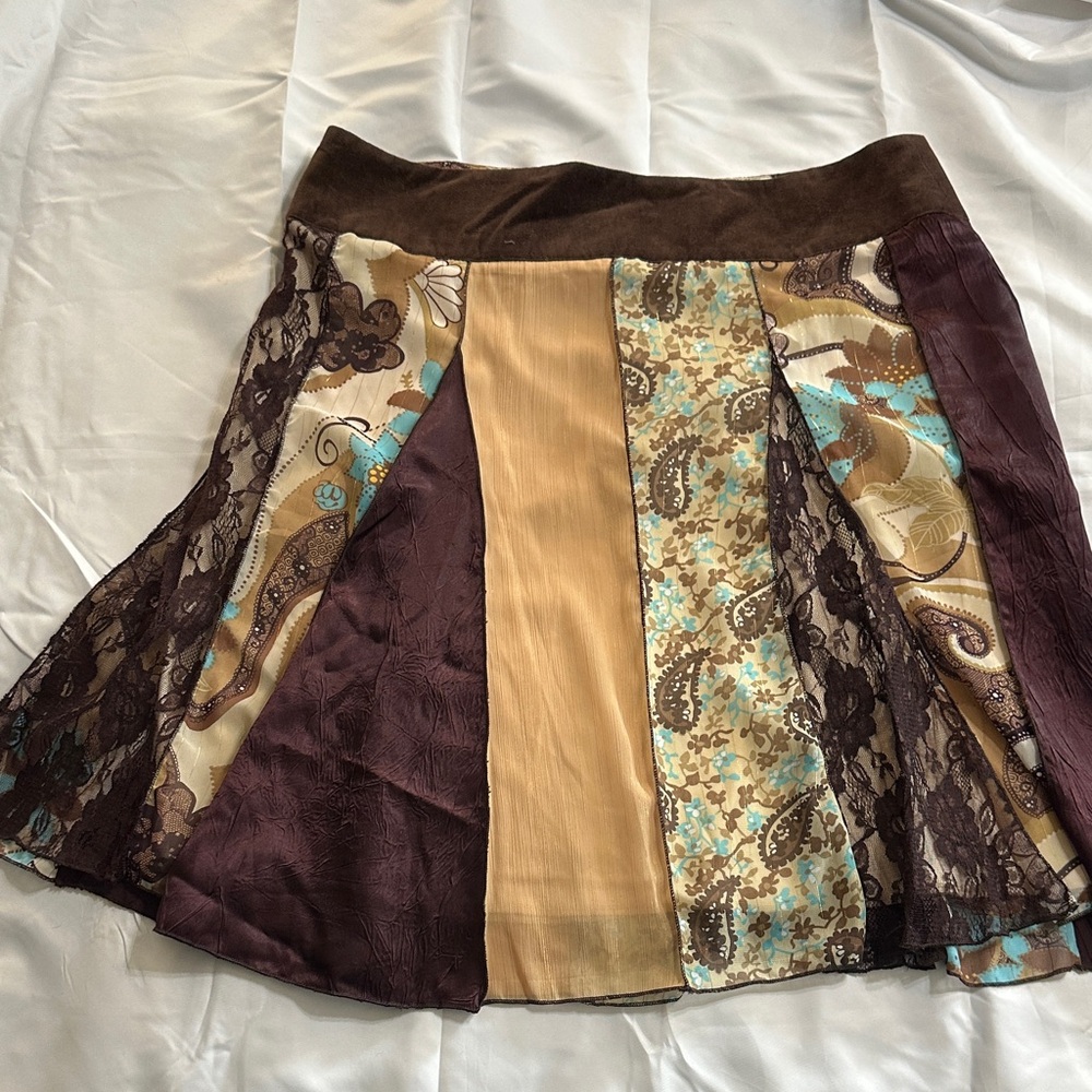 Chic Patchwork A-Line Skirt in Brown and Cream